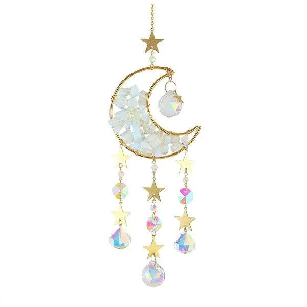 K9 crystal moon-shaped car pendant hanging, showing reflective surface in a choice of colours.