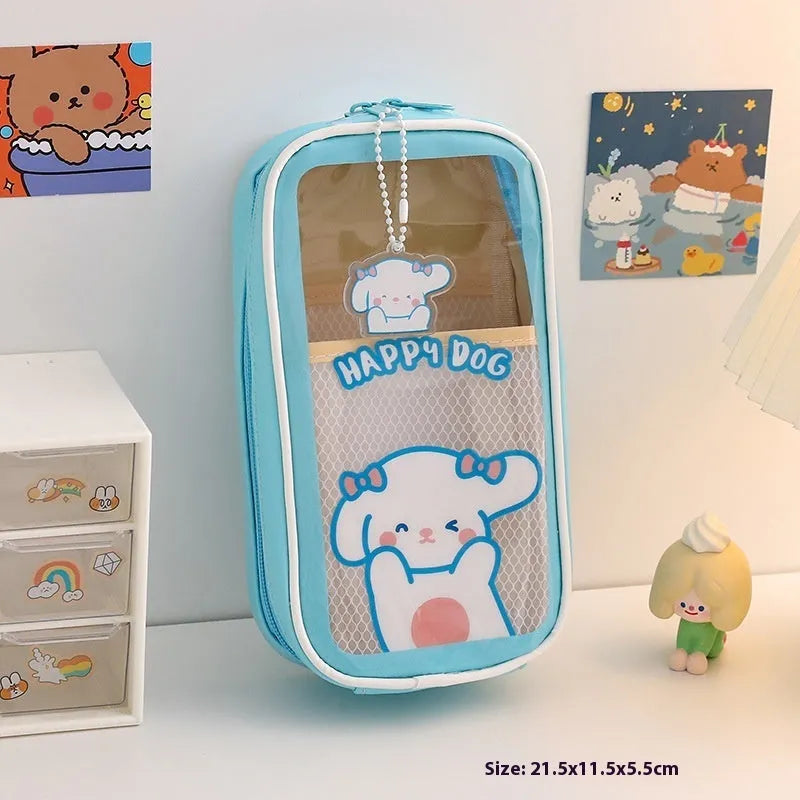 Transparent PVC student pencil case with Korean-style cartoon design showing stationery storage capacity
