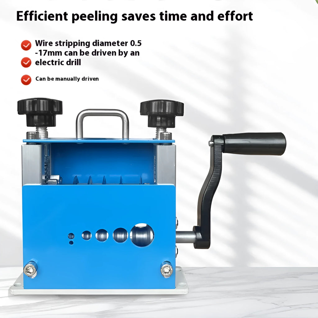 SD-017 manual wire stripping machine tool on a workbench, showing adjustable mechanism and compact 154mm steel body.