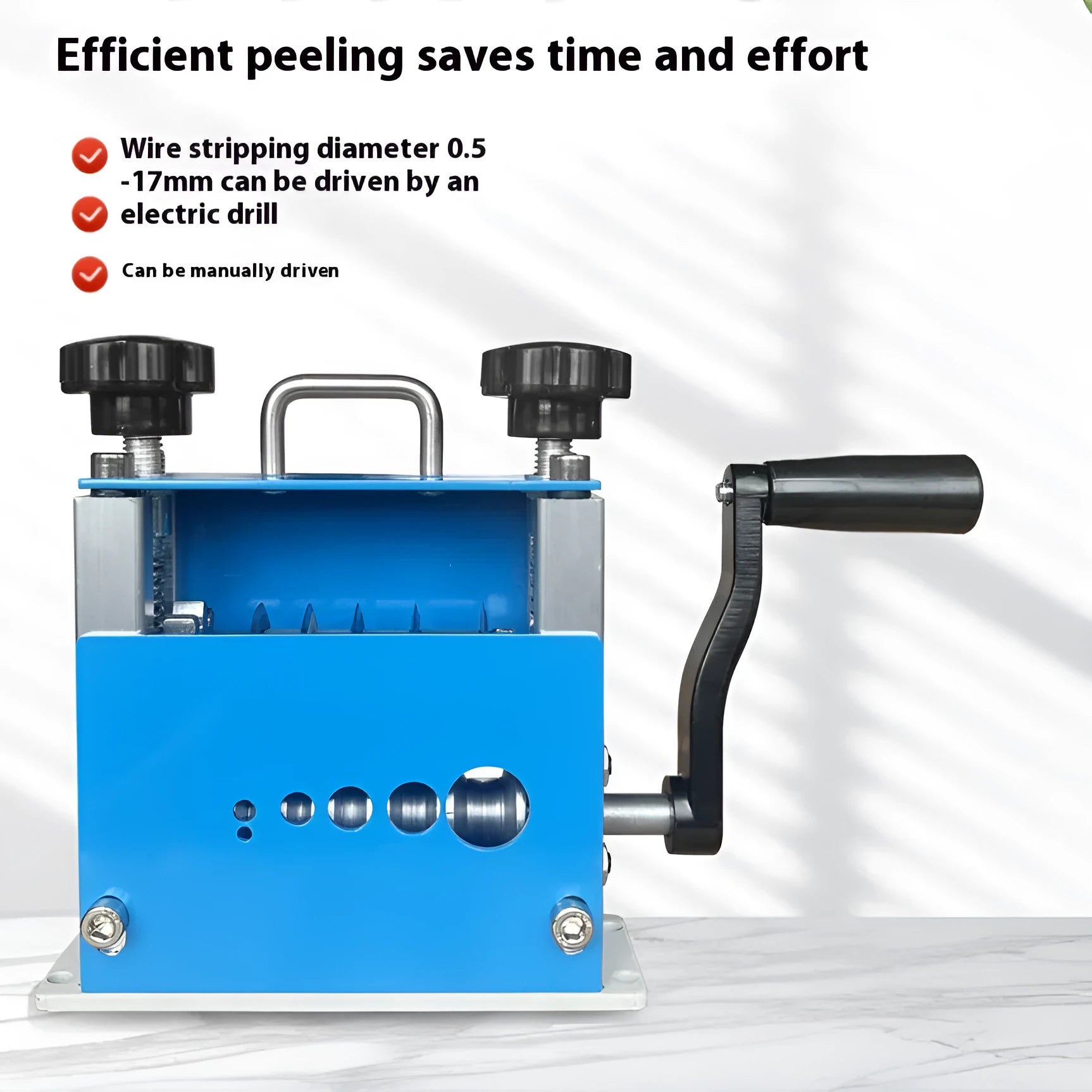 SD-017 manual wire stripping machine tool on a workbench, showing adjustable mechanism and compact 154mm steel body.