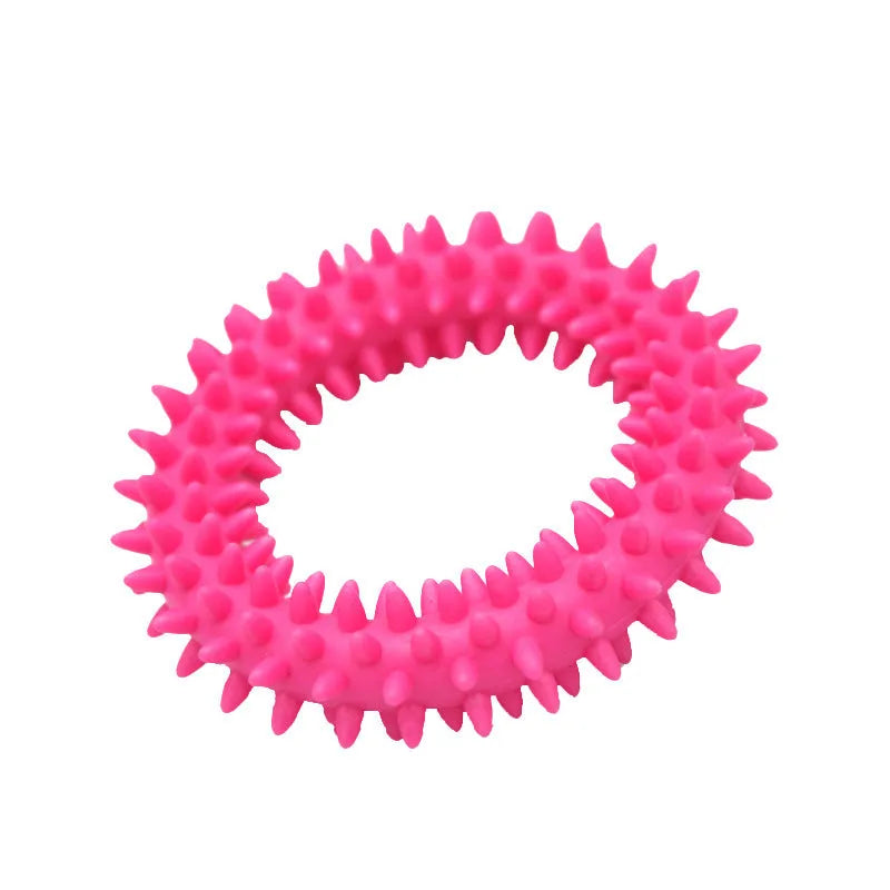 Blue TPR spiky ring dog chew toy for dental care and bite training, 9.5cm diameter.