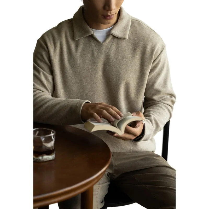 Men's casual drop-shoulder V-neck long sleeve polo shirt in gray, made from polyester fibre blend.