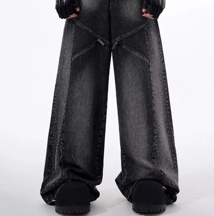 Korean style wide leg trousers and matching waistcoat set in black and grey washed denim fabric
