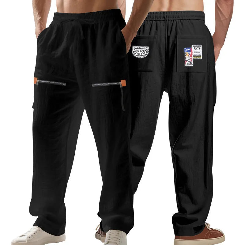 Men's linen blend straight leg casual trousers in solid colour with drawstring waist