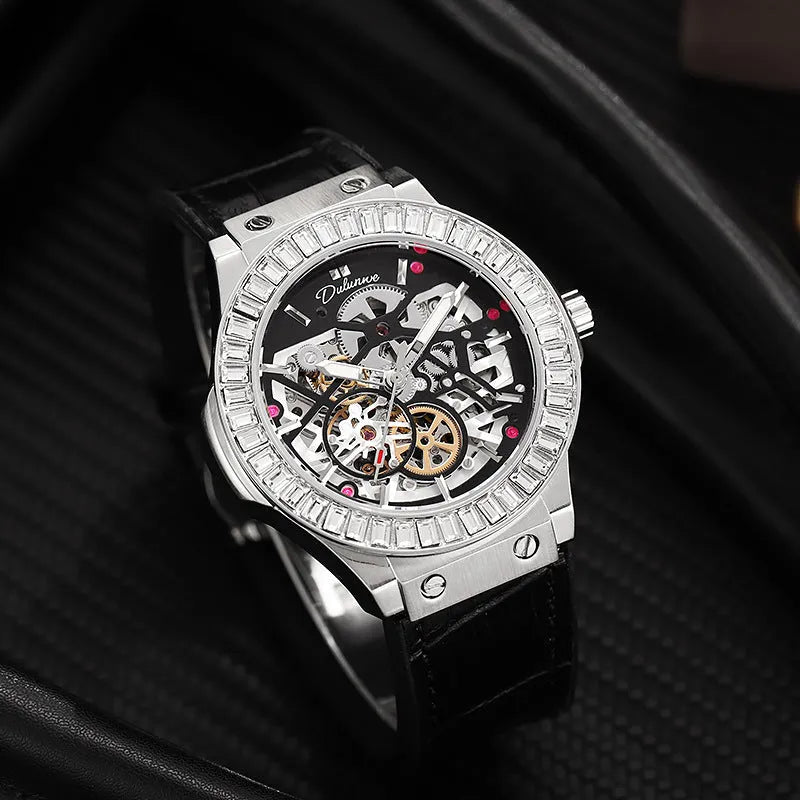 Men's automatic mechanical skeleton watch with diamond studs on a white dial.
