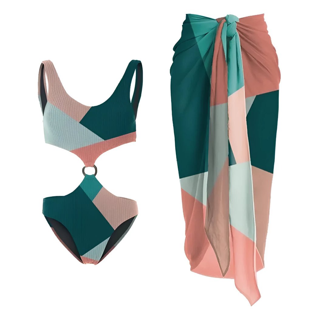 Women's colour-contrast two-piece bikini swimsuit with a matching mesh gauze skirt.
