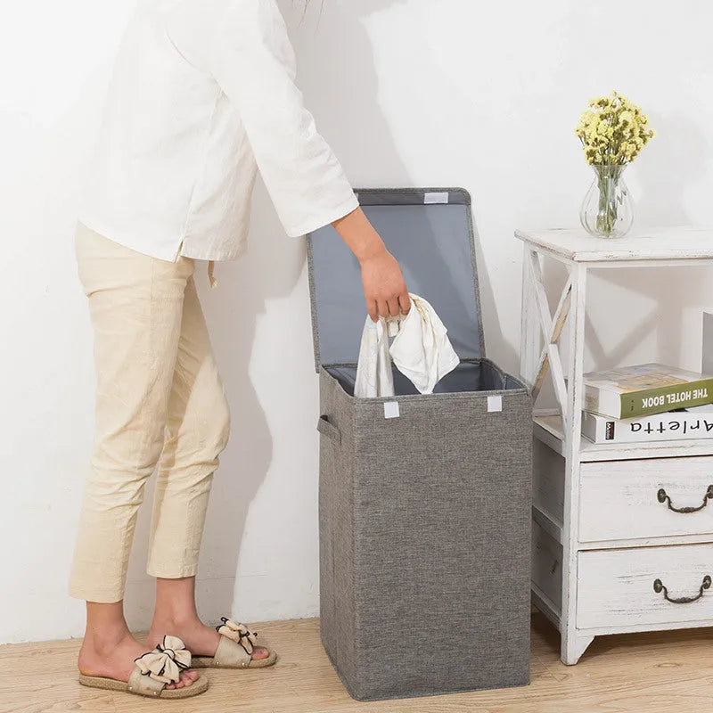 Foldable cotton linen storage basket in brown colour showing three-dimensional structure