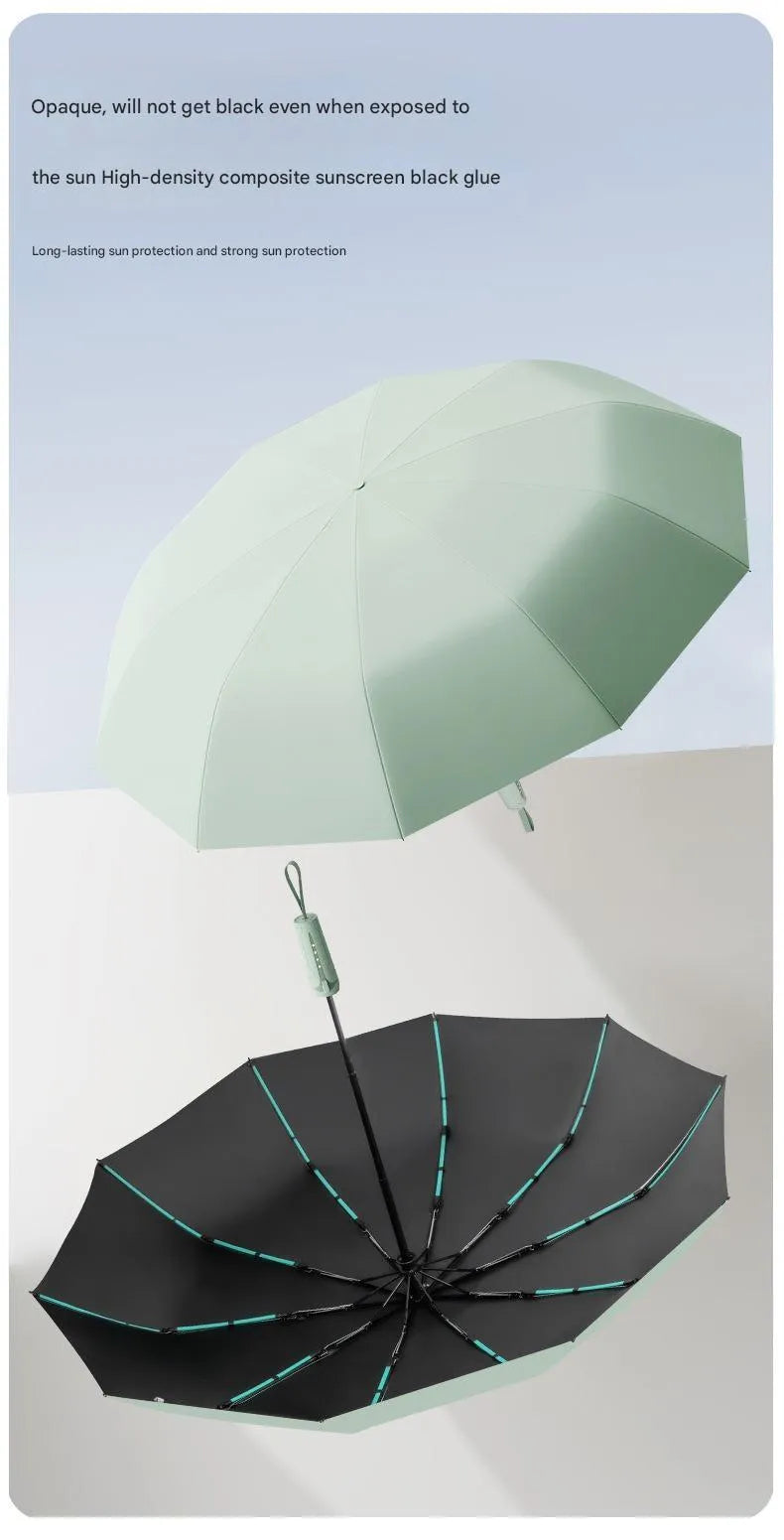 Automatic folding umbrella with oversized thickened canopy for heavy rain and sun protection in black