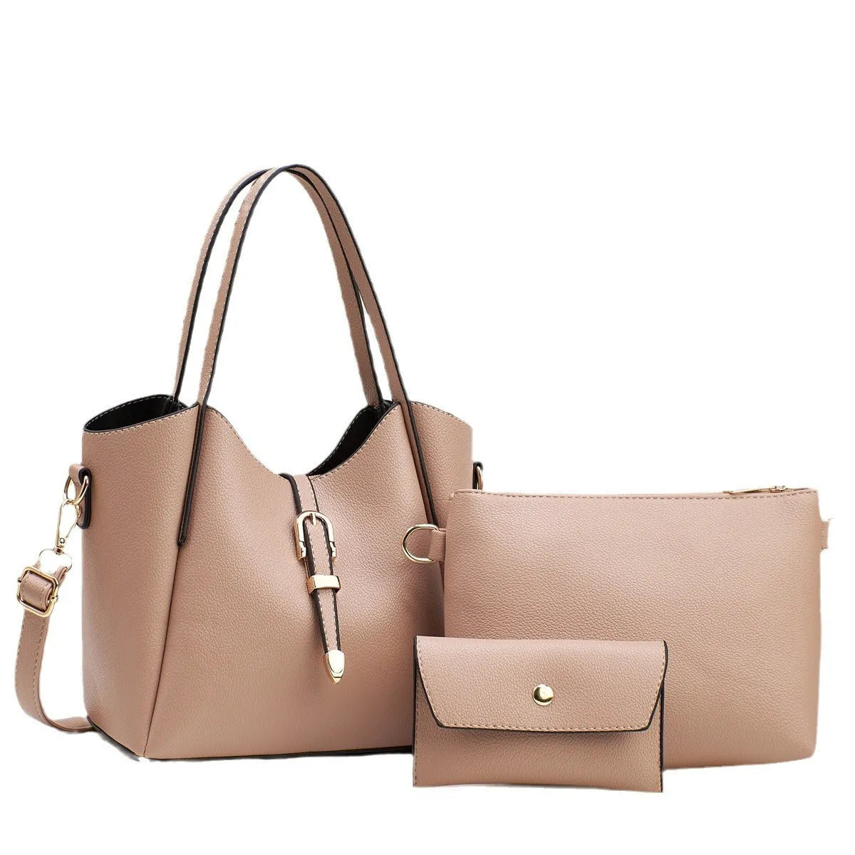 Three-piece PU tote bag set with large 30cm shoulder bag, medium inner bag, small pouch, and crocodile pattern finish