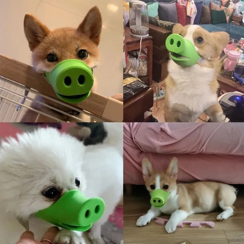 Green silicone anti-bite mouth cover for dog with long snout, showing size comparison