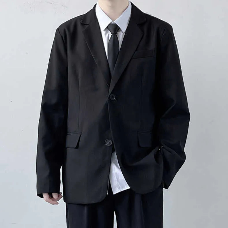 Men's plus size three-piece college style suit set featuring a grey jacket, trousers, white shirt, and striped tie.