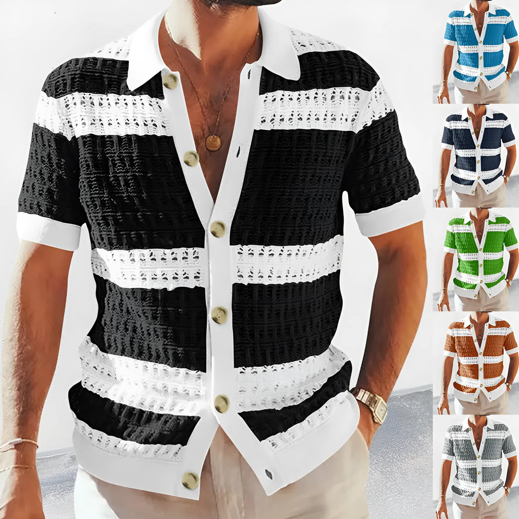 Men's knitted polo neck cardigan short sleeve hollow breathable slim fit in grey
