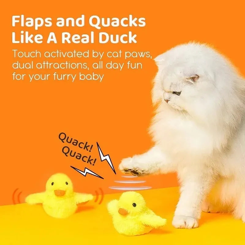 Yellow polyester flapping duck cat toy with electric movement and vibration sensor