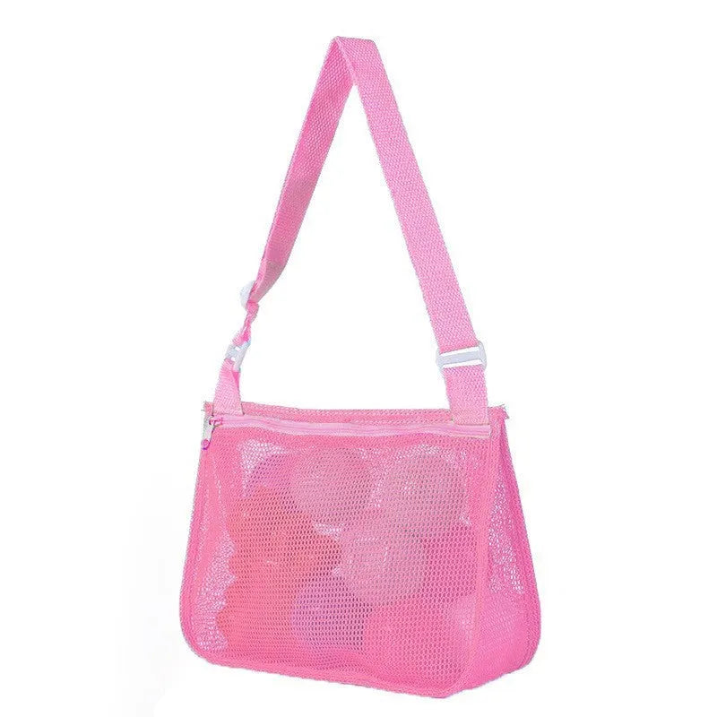 Blue nylon mesh travel storage bag with zip closure for children's toys and clothes