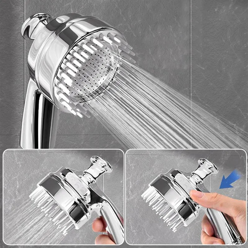 Silver dog shower attachment with silicone comb teeth and ergonomic grip for pet bathing
