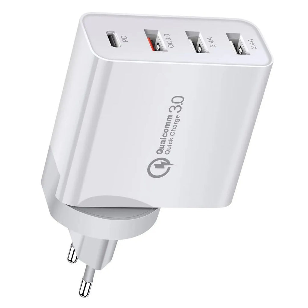 White multi-port USB fast charger with PD and QC support plugged into a wall socket.