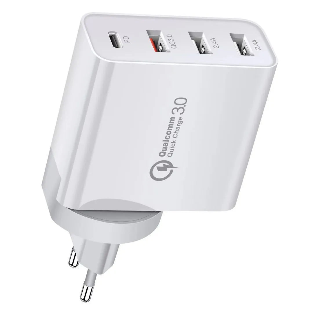 White multi-port USB fast charger with PD and QC support plugged into a wall socket.