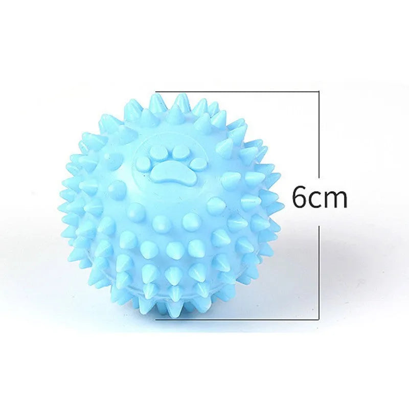 6cm blue TPR rubber dog chewing ball with textured footprint design for tooth cleaning