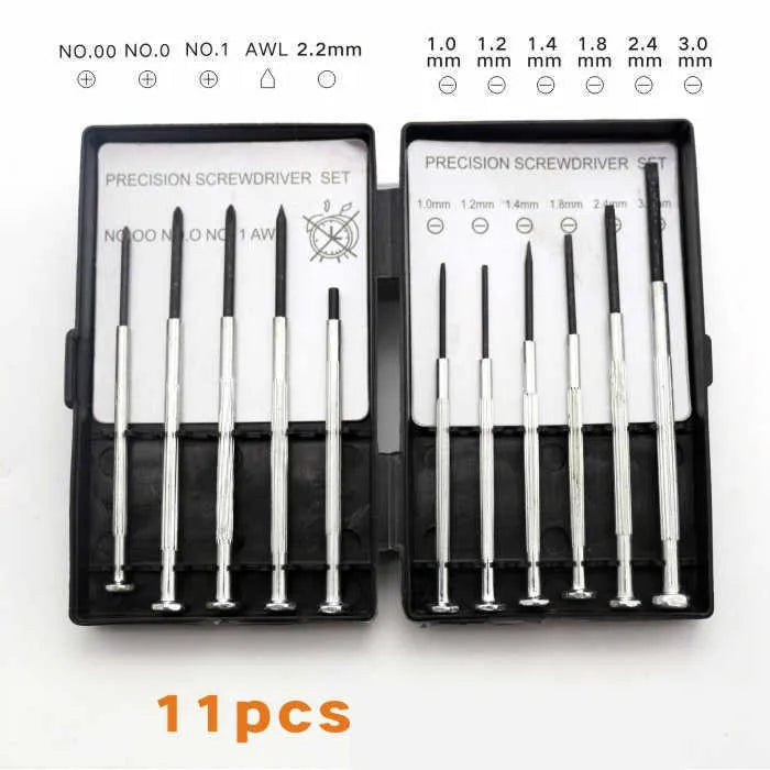 TH-6177 11-piece clock repair screwdriver set with crosshead and flathead bits.