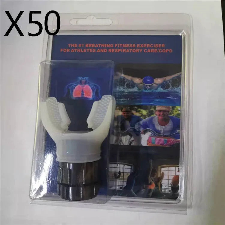 White and black silicone breathing trainer respirator with adjustable resistance dial for lung exercise