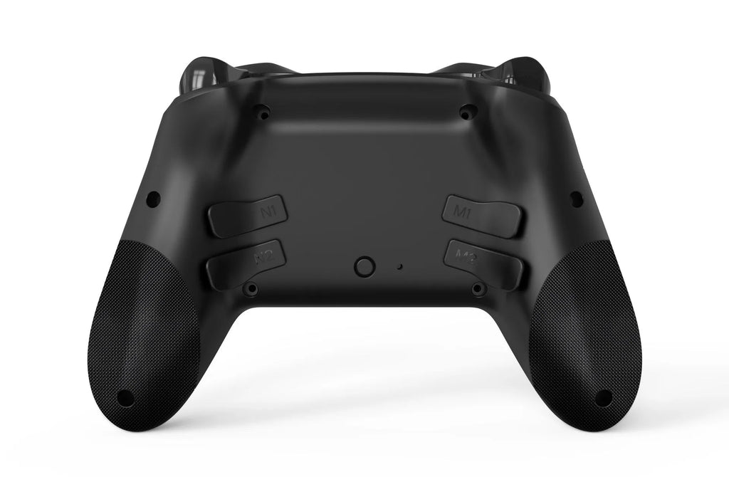 Black wireless game controller with leather-like texture, shown front and back, with Type-C port.