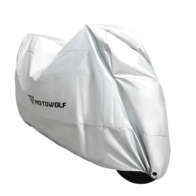 Black motorcycle cover made of 190T polyester and 210D Oxford cloth parked over a scooter outdoors