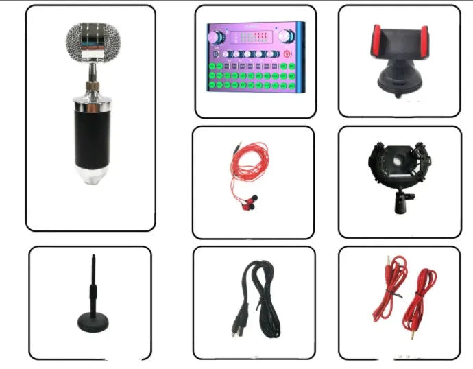 F007plus wireless live broadcast sound card with condenser microphone on its included bracket