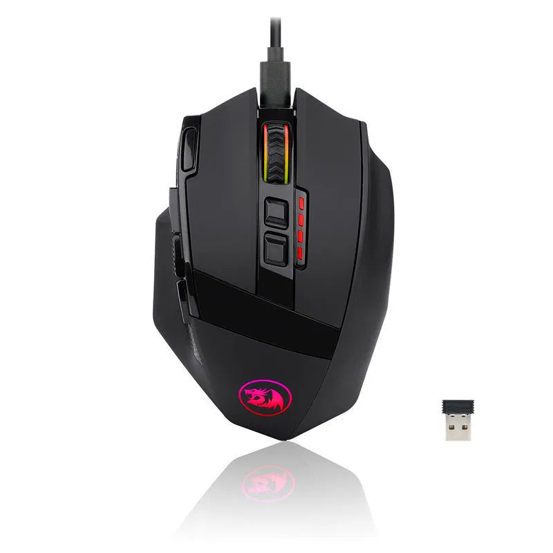 Black Redragon M801P dual-mode wireless and wired gaming mouse with nine buttons.