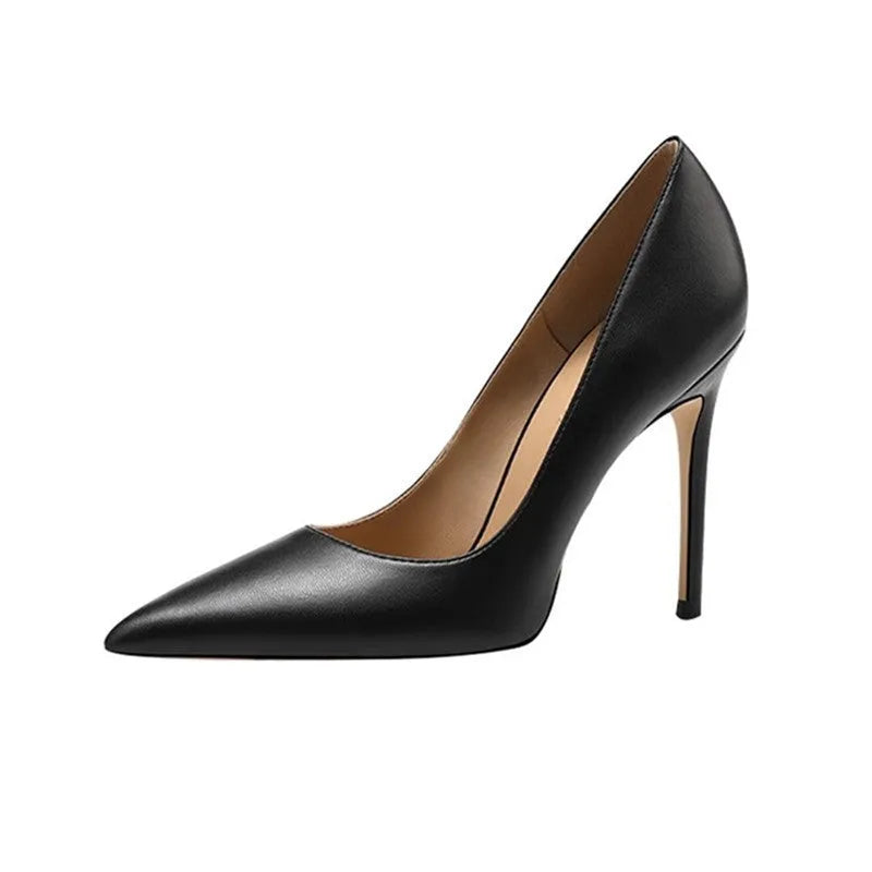 Black pointed toe high heel shoes with stiletto heel on white background