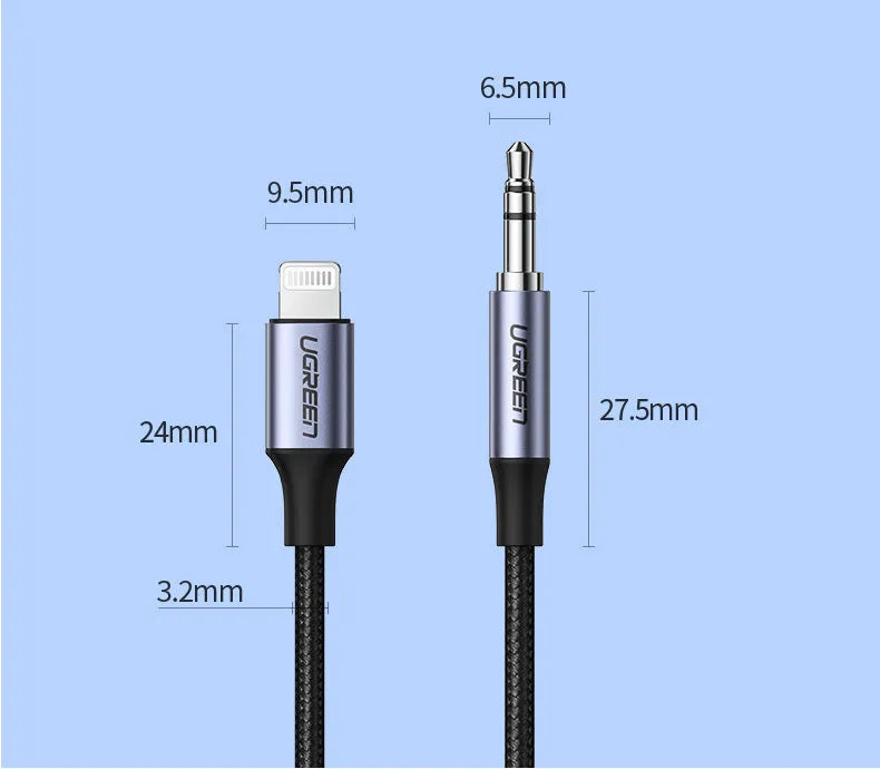 Black Apple Lightning to 3.5mm audio cable adapter with braided cable for car use