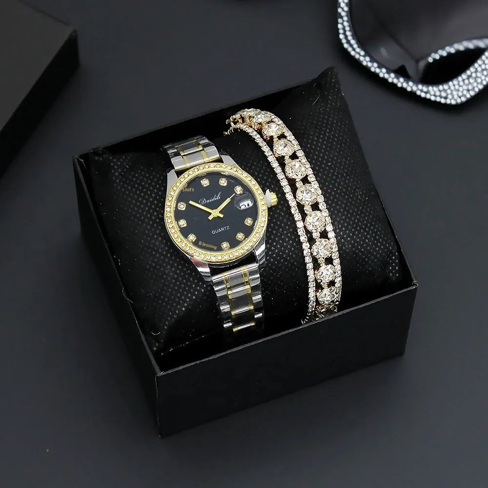 Women's fashion bracelet watch with gold or silver strap, three-row rhinestone detail, black or white face, 8mm case