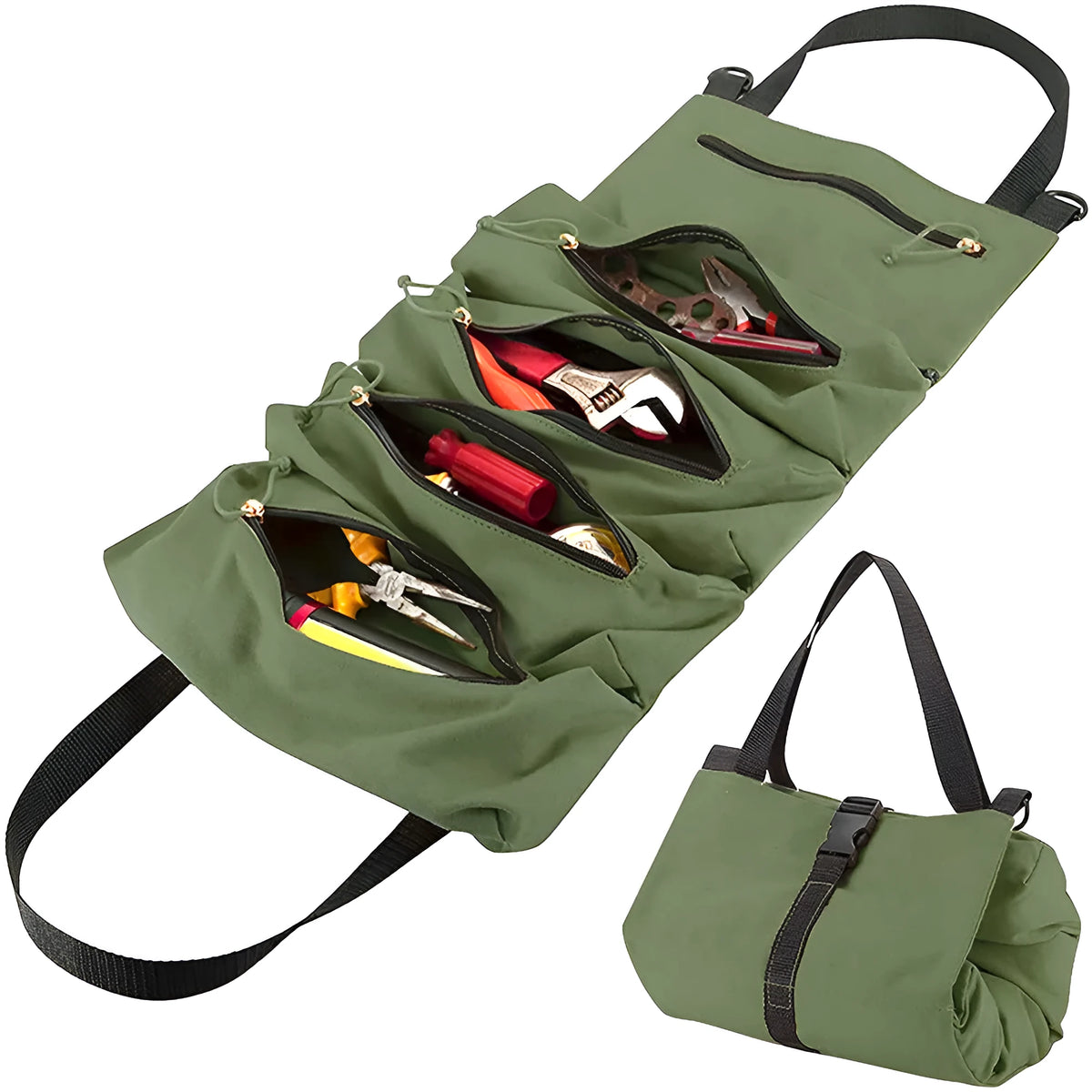 Multi-purpose roll up tool bag in Oxford cloth with 40KG weight bearing, shown in khaki, army green or black
