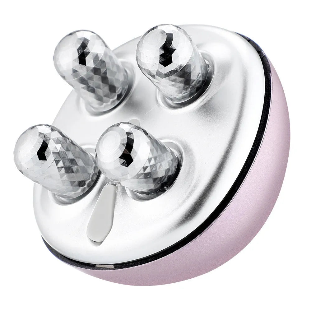 Rose red USB rechargeable face roller massager with ABS body, 7.5 x 7.5 x 6cm, and data cable