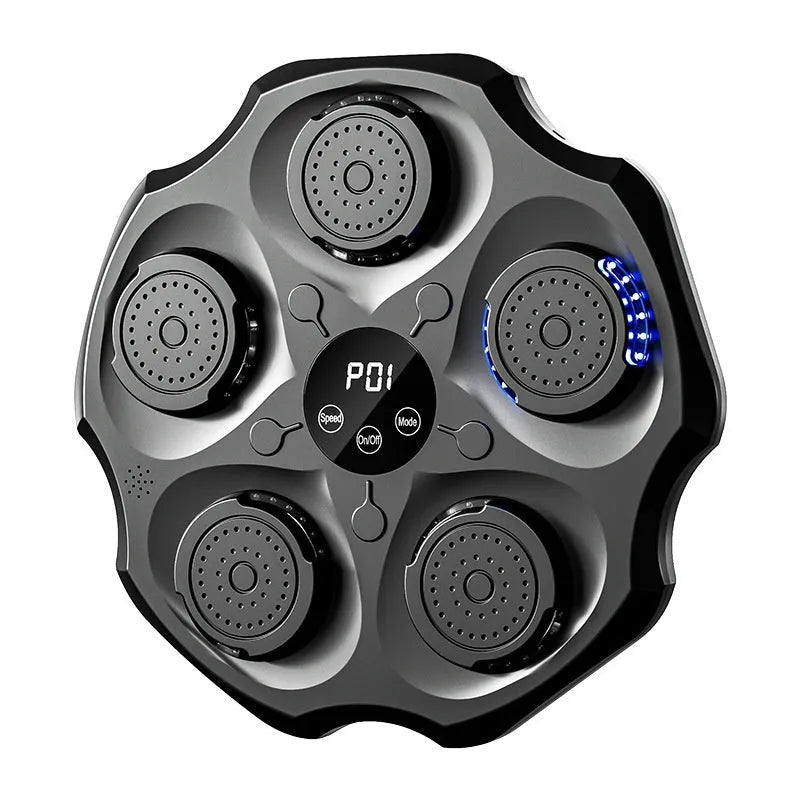 Black Bluetooth music-responsive boxing wall target hanging on a wall with included punching gloves.