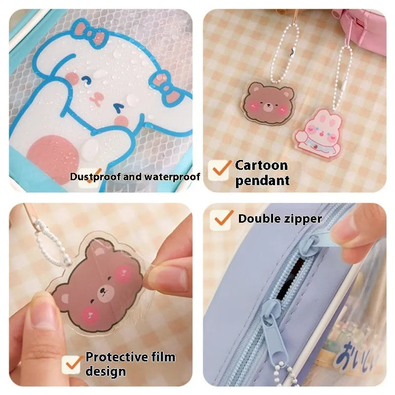 Transparent PVC student pencil case with Korean-style cartoon design showing stationery storage capacity