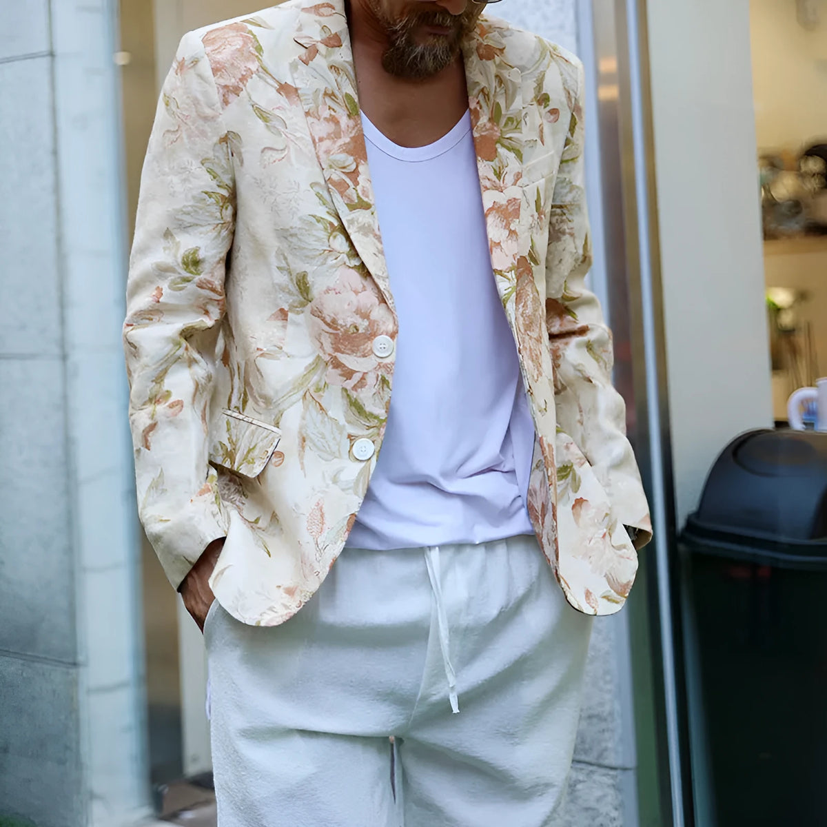 Men's white long sleeve casual top with print pattern, sizes S to XXXL, polyester fabric.