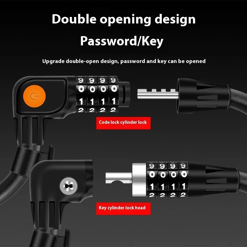 Password double open anti-theft steel cable bicycle lock 100cm black and orange with light option