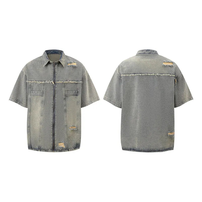 Denim overalls suit in loose street style with short sleeve top and full length trousers