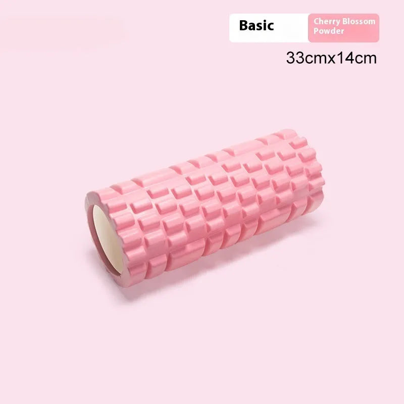 A firm EVA foam roller for fitness and yoga, shown in a selection of colours including black, pink, and sky blue.