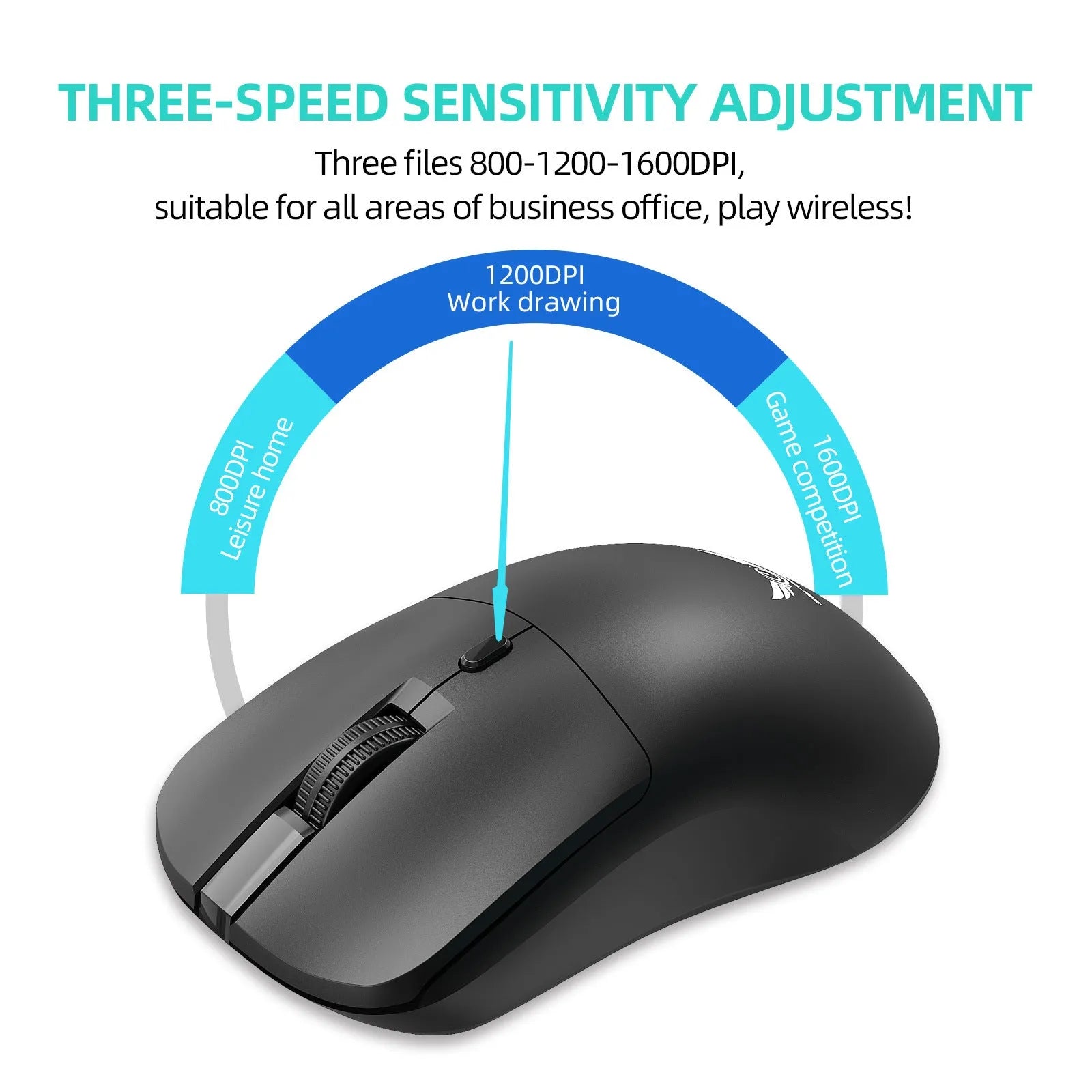Black wireless computer mouse with three-gear audio button, photoelectric sensor, and battery compartment
