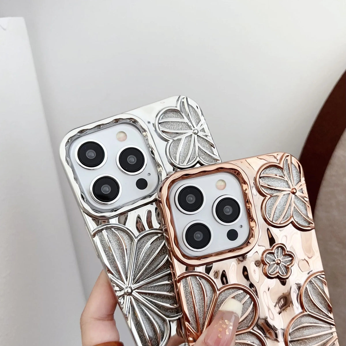 Electroplating pleated flower iPhone case in gold with soft shell and fall protection, for iPhone 11 to 15 Pro Max