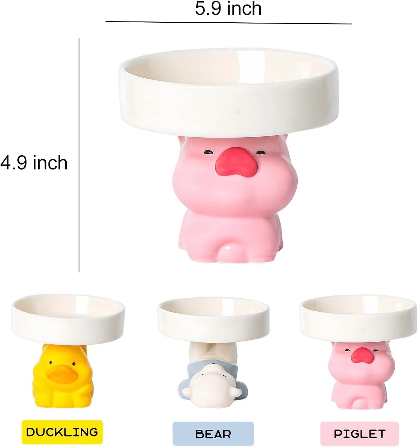 Raised ceramic cat bowl in animal design, showing 4.92-inch height and wide 15cm bowl.