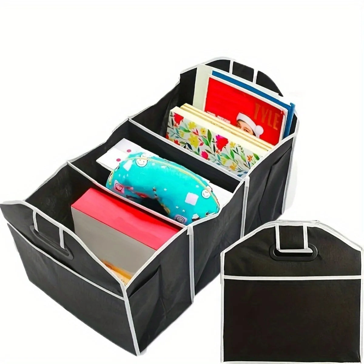 Black large capacity car multi-pocket trunk organizer with foldable lid in vehicle trunk