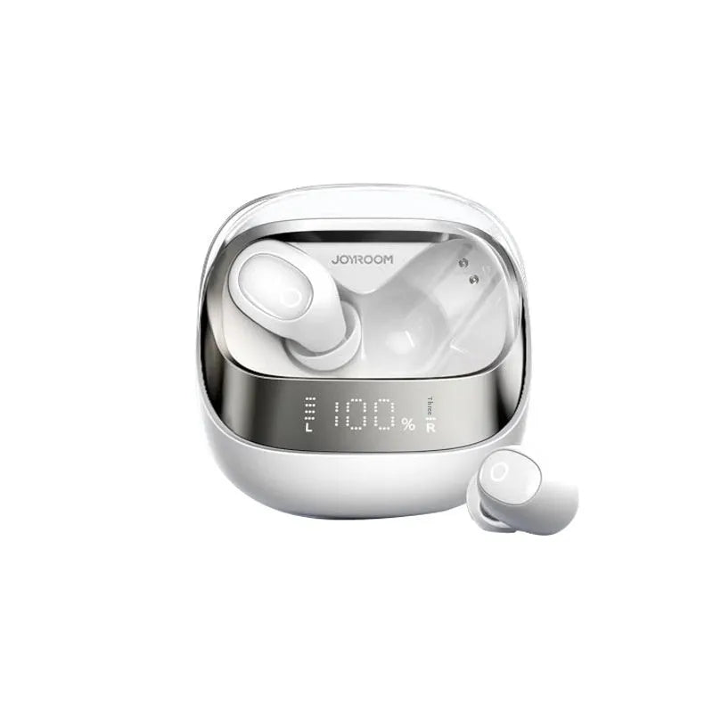 Dawn White wireless noise-cancelling earbuds in a compact charging case with USB-C cable.