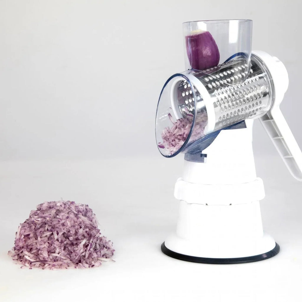 3 In 1 manual vegetable slicer in white BPA-free plastic with stainless steel blades and suction feet