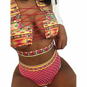 Women's checkered multicolour bikini set with cross-strap fishnet top and high-waist briefs.
