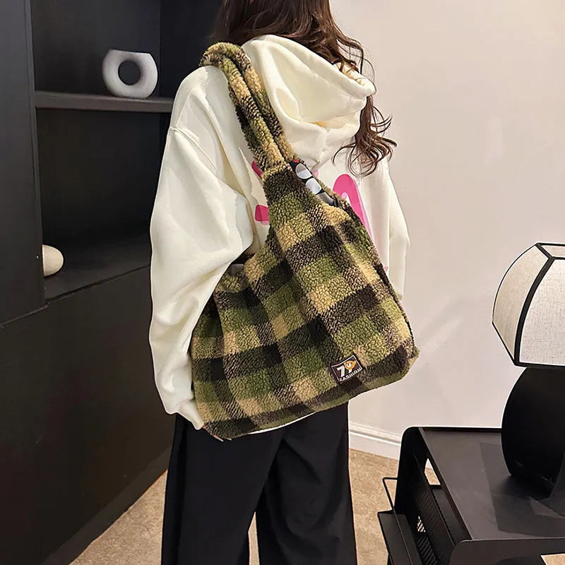 Women's plaid plush crossbody tote bag in orange, purple, or army green with shoulder strap