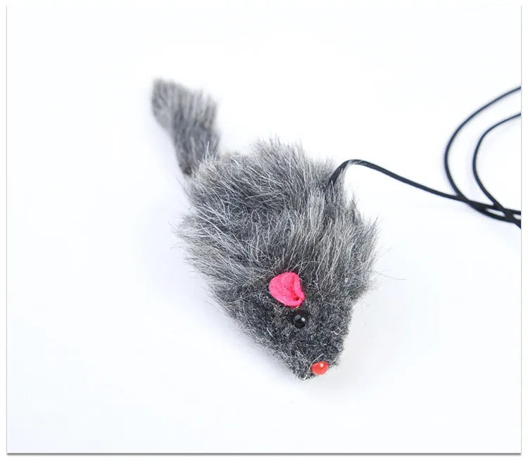 Hanging cat toy with plush mouse, 180cm elastic rope, adjustable buckle, and triangle hook in grey