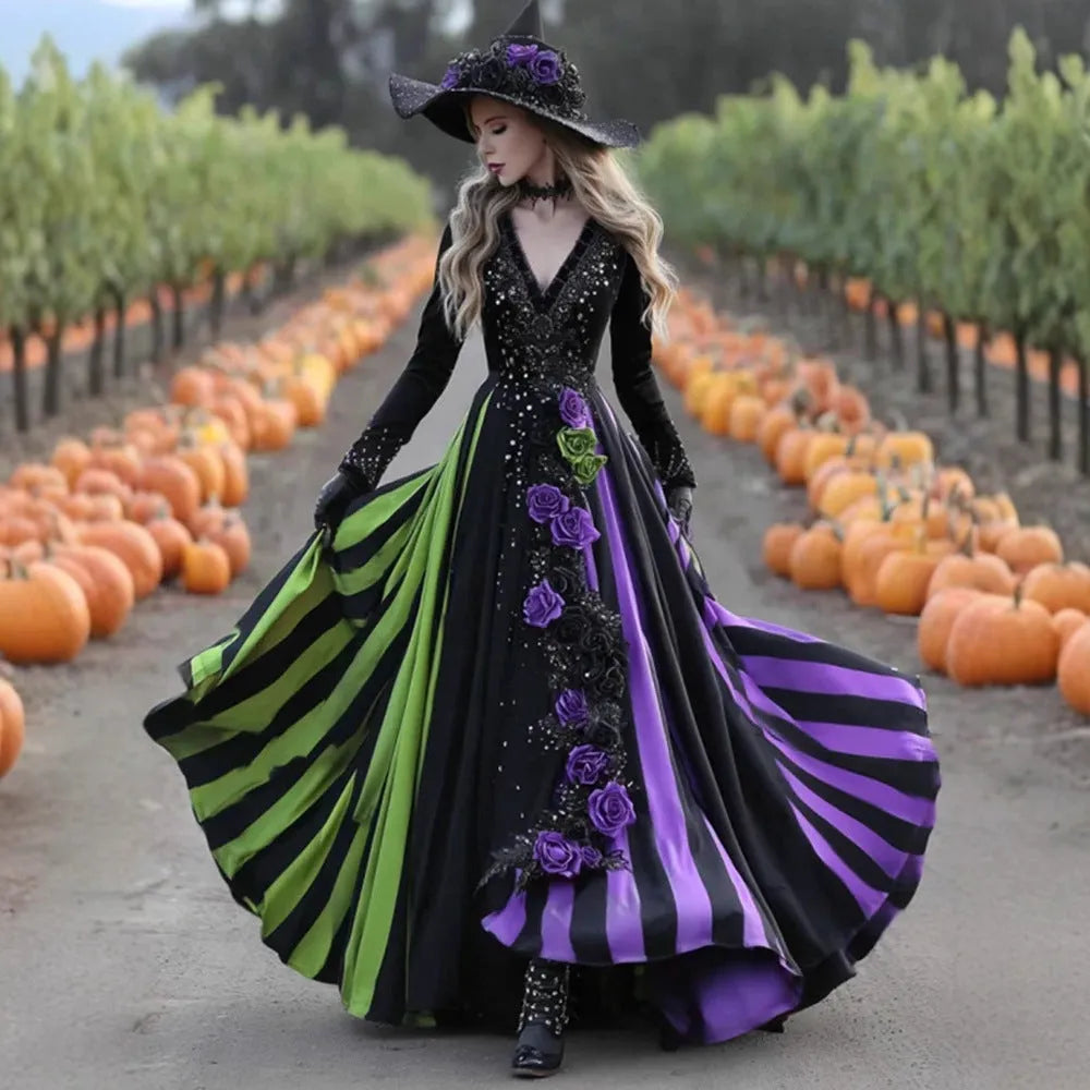 V-neck long sleeve swing dress in green and purple with asymmetric hem, women's pullover style