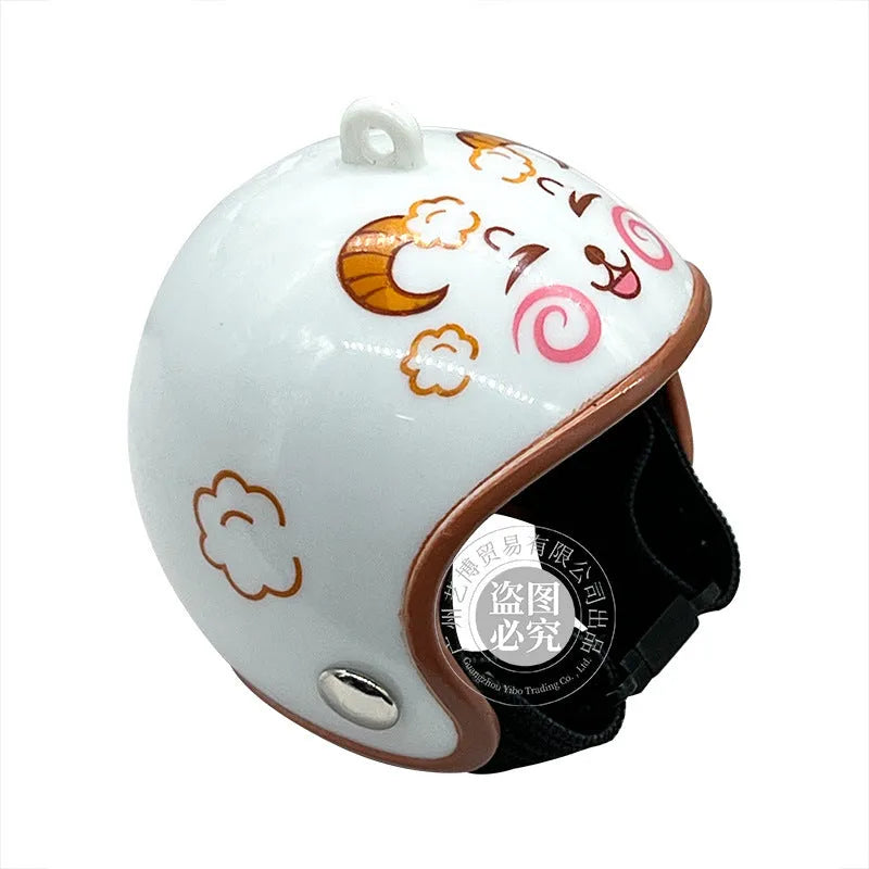 Assortment of small colourful plastic chicken helmets showing rainbow, zodiac, and patterned designs.